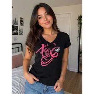 Fox Racing Womens V-Neck Graphic T-Shirt Black Pink Logo Size Medium Moto Tee